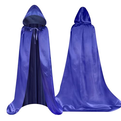 Aomig Schwarzer Umhang Vampir Umhang Jedi Mantel Mittelalter Umhang mit Kapuze für Erwachsene Unisex Scream Kinder Cape Kostüm Halloween Costume Maskerade Familienfeier Karneval Cosplay (Blau-150cm) von Aomig