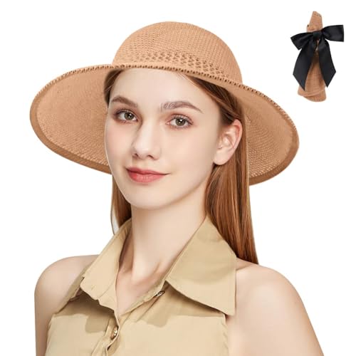 Aomig Sonnenhut Damen Strohhut Sun Visor Hut Faltbar Sonnenschutzhut Wide Breiter Krempe Atmungsaktiv und Schweißableitende Sommerkappe Bogen Sonnenhüte Stroh Roll Up Outdoor Sommer Strand (A-Khaki) von Aomig