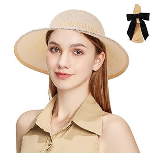 Aomig Sonnenhut Damen Strohhut Sun Visor Hut Faltbar Sonnenschutzhut Wide Breiter Krempe Atmungsaktiv und Schweißableitende Sommerkappe Bogen Sonnenhüte Stroh Roll Up Outdoor Sommer Strand (A-Beige) von Aomig