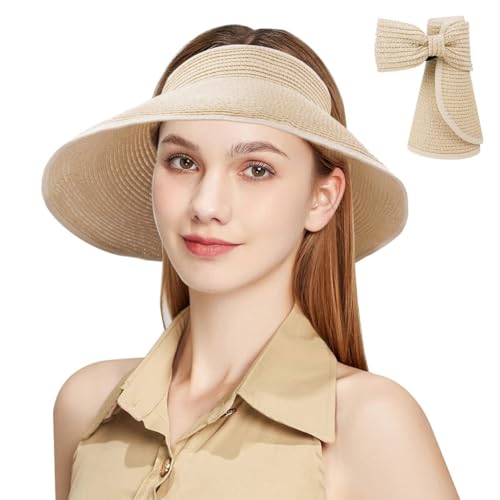 Aomig Sonnenhut Damen Strohhut Sun Visor Hut Faltbar Sonnenschutzhut Wide Breiter Krempe Atmungsaktiv und Schweißableitende Sommerkappe Bogen Sonnenhüte Stroh Roll Up Outdoor Sommer Strand (B-Beige) von Aomig