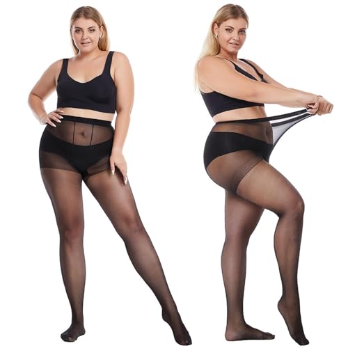 Aomig Damen Strumpfhose, 15 DEN 2 Pcs Strumpfhosen Ultra Leicht Reißfest Transparent, XL Schwarz Shaping-Strumpfhose Verstärkten Zehen Breiter Komfortbund Frauen von Aomig