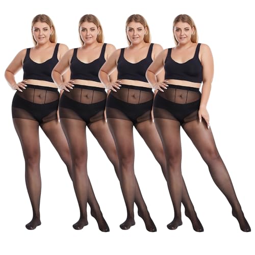 Aomig Strumpfhosen Damen, 15DEN 4 Pcs Gefütterte Strumpfhosen 15D, Strumpfhose Verstärkten Zehen Für Frauen Reversibel Starke Stützwirkung Seidig Matte Optik Reißfest Plus große Größe, Schwarz von Aomig