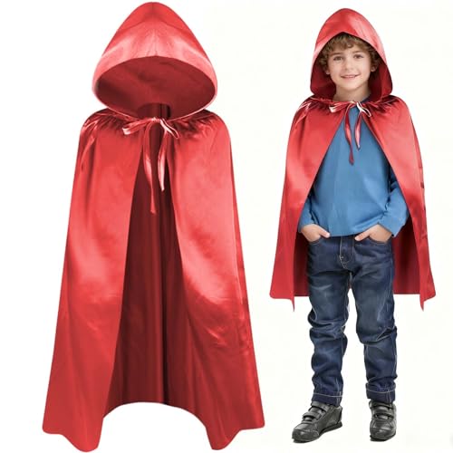 Aomig Umhang Vampir Umhang Kinder Erwachsene Jedi Mantel Mittelalter Umhang Kapuze Unisex Scream Cape Kostüm Damen Halloween Costume Maskerade Familienfeier Karneval Cosplay Kurzer Roter Umhang (60cm) von Aomig