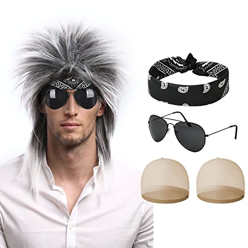 Aomig Vokuhila Perücke Schwarz, 5 Stück Punk Gothic Rocker Kit mit Perücke 2 Nylon Wig Cap Bandanas Sonnenbrille, Hip Hop Disco Kostüm Accessoires für 70er 80er 90er Jahre Outfit Damen Herren von Aomig