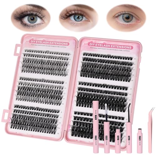 Aomig Wimpernverlängerung Set 572 PCS DIY Cluster Lashes 8-16mm Längenmix 5 Längen Umweltschonendes Material Katzenaugen-Effekt mit Wimperntusche Pinzette Wimpernkleber Künstliche Wimpern für Party von Aomig