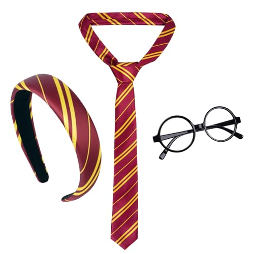 Aomig Zauberer Kostüm Zubehör für Jungen Mädchen 3Pcs Klassiker Cosplay Krawatte Runden Brille Haarreif für Damen Cosplay Party Fasching Karneval Halloween Kostüme Accessoires Set(Rote Gelbe Streifen) von Aomig