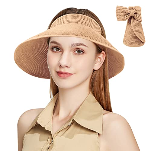 BSBUY Sonnenhut Damen Strohhut Sun Visor Hut Faltbar Sonnenschutzhut Wide Breiter Krempe Atmungsaktiv und Schweißableitende Sommerkappe Bogen Sonnenhüte Stroh Roll Up Outdoor Sommer Strand (B-Khaki) von Aomig