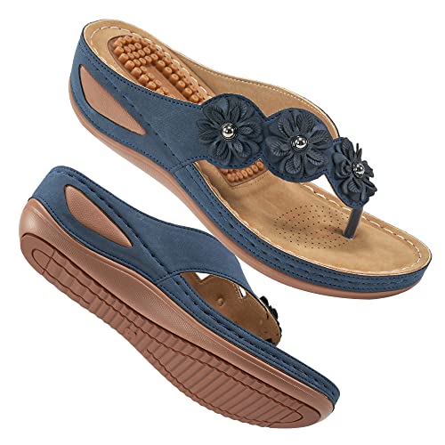 Aomigoct Keilsandalen Frauen Flip Flops mit Fußgewölbeunterstützung Kissen Fußbett Bohemia Sandalen für Frauen Casual Sommer Keilschuhe Elegant Plattform Flip Flops Frau Slide, blau, 37 EU von Aomigoct