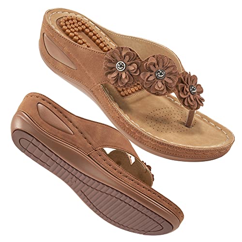 Aomigoct Keilsandalen Frauen Flip Flops mit Fußgewölbeunterstützung Kissen Fußbett Bohemia Sandalen für Frauen Casual Sommer Keilschuhe Elegant Plattform Flip Flops Frau Slide, braun, 40.5 EU von Aomigoct