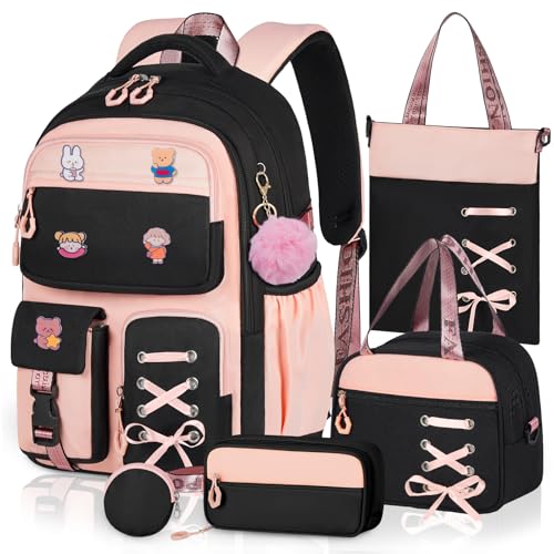 Aomutrsn Mädchen-Rucksack mit Lunchbox, 5-teilig, niedliche Büchertasche für Kinder, Teenager, Kawaii, ästhetischer Elementarschulrucksack, rosa,schwarz, 5 Pcs Backpack Set, Büchertasche für Mädchen Aomutrsn Mädchen-Rucksack mit Lunchbox, 5-teilig, niedliche Büchertasche für Kinder, Teenager, Kawaii, ästhetischer Elementarschulrucksack, rosa,schwarz, 5 Pcs Backpack Set, Büchertasche für Mädchen von Aomutrsn