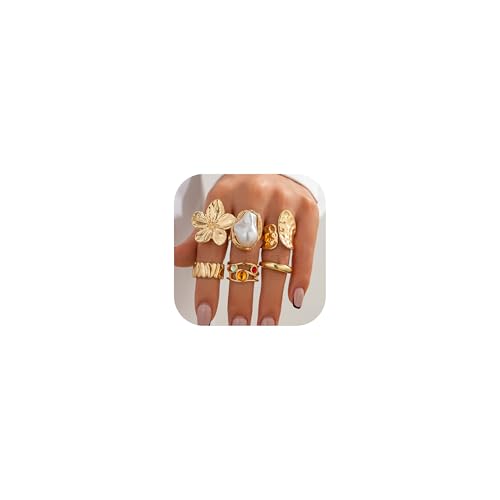 Aonklot Stapelbare Goldringe mit klobigen Blumen für Damen, verstellbare Knöchelringe für den täglichen Gebrauch, Metall, Kein Edelstein von Aonklot
