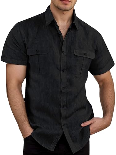 Aoouekul Leinenhemd Herren Baumwolle Sommerhemd Kurzarm Freizeithemden für Herren Leinen Kurzarmhemden Sommer Hemd (DE/NL/SE/PL, Alphanumerisch, M, Regular, Regular, Schwarz) von Aoouekul