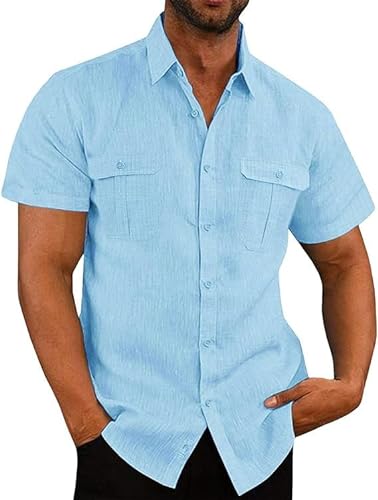 Aoouekul Leinenhemd Herren Sommerhemd Kurzarm Freizeithemden für Herren Leinen Kurzarmhemden Sommer Hemd (DE/NL/SE/PL, Alphanumerisch, 3XL, Regular, Regular, Blau) von Aoouekul