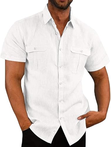 Aoouekul Leinenhemd Herren Sommerhemd Kurzarm Freizeithemden für Herren Leinen Kurzarmhemden Sommer Hemd (DE/NL/SE/PL, Alphanumerisch, 3XL, Regular, Regular, Weiß) von Aoouekul