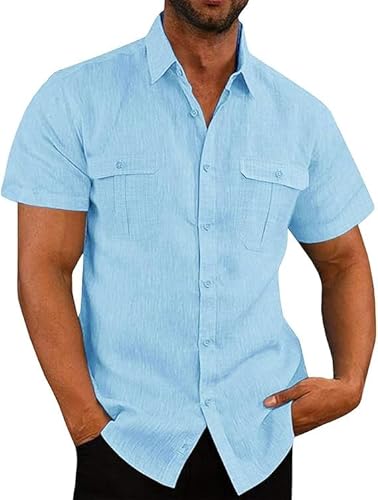 Aoouekul Leinenhemd Herren Sommerhemd Kurzarm Freizeithemden für Herren Leinen Kurzarmhemden Sommer Hemd (DE/NL/SE/PL, Alphanumerisch, 4XL, Regular, Regular, Blau) von Aoouekul