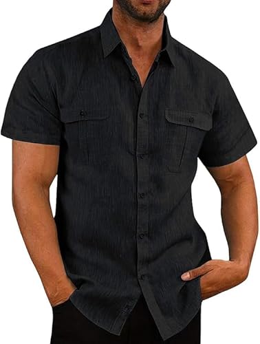 Aoouekul Leinenhemd Herren Sommerhemd Kurzarm Freizeithemden für Herren Leinen Kurzarmhemden Sommer Hemd (DE/NL/SE/PL, Alphanumerisch, 4XL, Regular, Regular, Schwarz) von Aoouekul