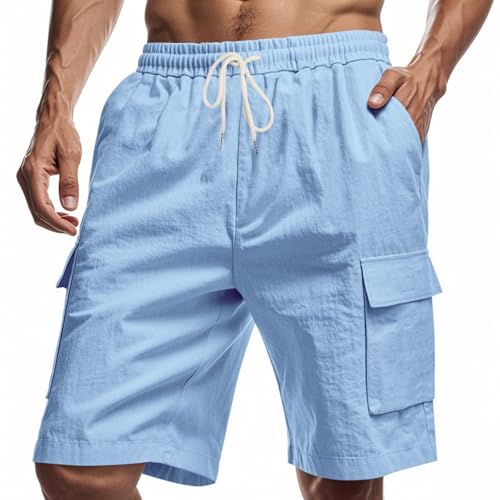 Aoouekul Shorts Herren Sommer Leinen Herrenhose Kurz Strandshorts Jogginghose Locker Freizeithose mit Tasche (Blau,S) von Aoouekul