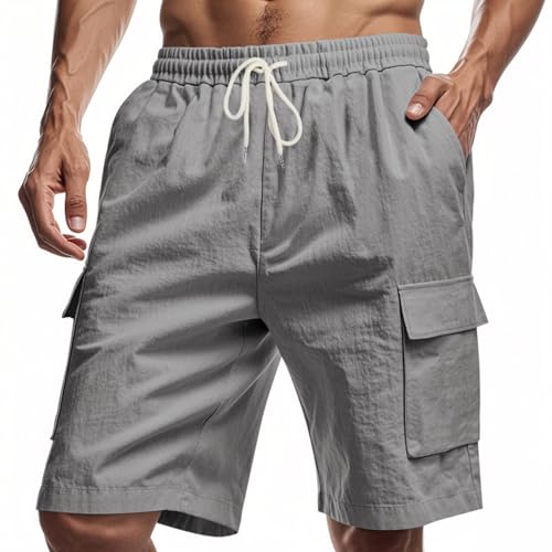 Aoouekul Shorts Herren Sommer Leinen Herrenhose Kurz Strandshorts Jogginghose Locker Freizeithose mit Tasche (Grau,S) von Aoouekul