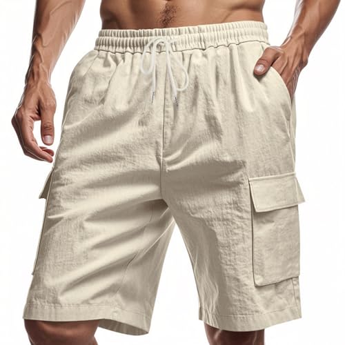 Aoouekul Shorts Herren Sommer Leinen Herrenhose Kurz Strandshorts Jogginghose Locker Freizeithose mit Tasche (Khaki,XL) von Aoouekul