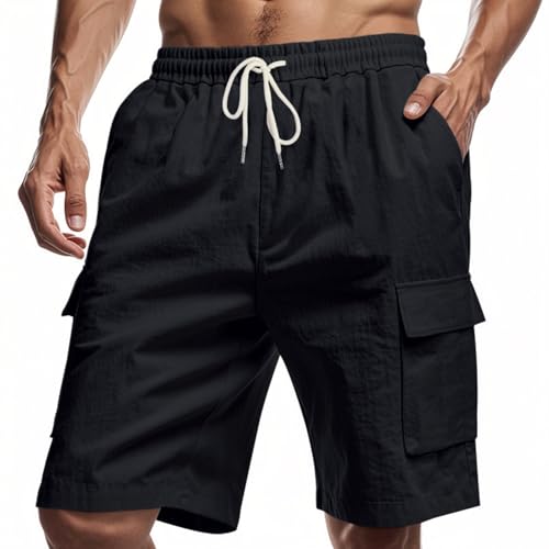 Aoouekul Shorts Herren Sommer Leinen Herrenhose Kurz Strandshorts Jogginghose Locker Freizeithose mit Tasche (Schwarz,S) von Aoouekul
