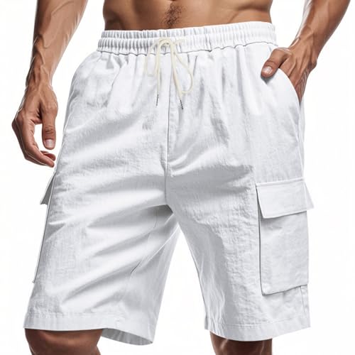 Aoouekul Shorts Herren Sommer Leinen Herrenhose Kurz Strandshorts Jogginghose Locker Freizeithose mit Tasche (Weiß,S) von Aoouekul
