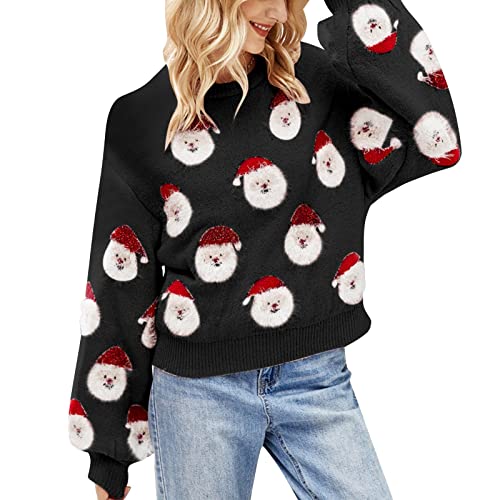 Aoouekul Strickpullover Weihnachten Damen Rundhals Pulli Sweater Strick Pullover Winter Strickpulli Weihnachten Damen Langarmshirt Sweatshirt (Schwarz,L) von Aoouekul