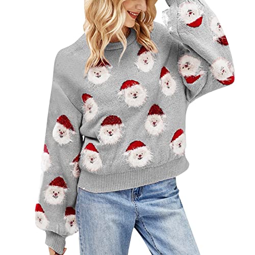 Aoouekul Weihnachten Strickpullover Damen Sweater Strick Pullove Rundhals Pulli Weihnachtsmann Winter Weihnachten Damen Langarmshirt (Grau,M) von Aoouekul