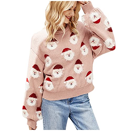 Aoouekul Weihnachten Strickpullover Damen Sweater Strick Pullove Rundhals Pulli Weihnachtsmann Winter Weihnachten Damen Langarmshirt (Rosa,S) von Aoouekul