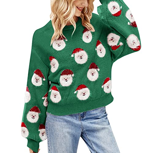 Aoouekul Weihnachtspullover Damen Christmas Strickpullover 2024 Winter Weihnachtsmann Langarm Sweater Strick Pullover Sweatshirt (Grün,S) von Aoouekul