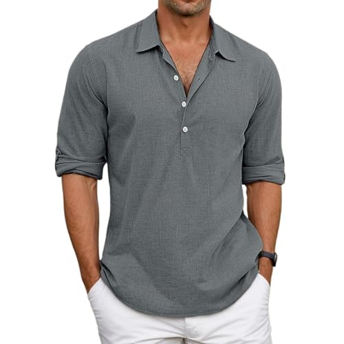 Leinenhemd Hemd Langarm Herren Langarmshirt Hemden Männer Leinenshirt Freizeithemd Casual Leicht Men Leinen Shirts Oberteile Oberhemden (DE/NL/SE/PL, Alphanumerisch, XXL, Regular, Regular, Grau) von Aoouekul