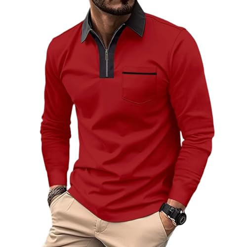 Longshirt Herren Reißverschluss Longsleeve T-Shirt Langarm Unterhemd Pullover Langarmshirt Shirt Langarm Henley (DE/NL/SE/PL, Alphanumerisch, L, Regular, Regular, Rot) von Aoouekul