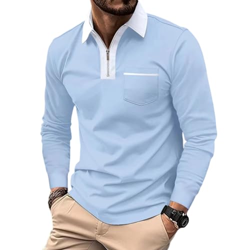 Longshirt Herren Reißverschluss Longsleeve T-Shirt Langarm Unterhemd Pullover Langarmshirt Shirt Langarm Henley (DE/NL/SE/PL, Alphanumerisch, XXL, Regular, Regular, Hellblau) von Aoouekul