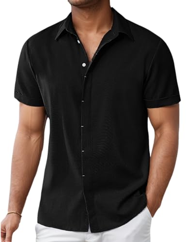 Sommerhemd Leinenhemd Herren Kurzarm Hemd Sommer Freizeithemd Button Down Strand Kurzarmhemd Männer Einfarbig Baumwolle Leinen Shirt (DE/NL/SE/PL, Alphanumerisch, M, Regular, Regular, Schwarz) von Aoouekul