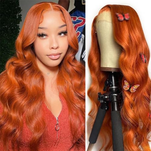 Aoque Ingwer Orange Spitze Frontperücken Menschenhaar Körperwelle 13 x 4 Hd Transparent Spitze Front Perücken für Frauen 350# Farbe Glueless Brasilianische Remy Haar von Aoque