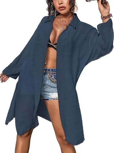 Damen Strandkleid Bikini Cover Up Plain Sheer Split Sommer Strandkleid Kimono Oversized Beach Cover Ups Button Front Shirt Langarm kurz Badeanzug Kleid von Aoracci