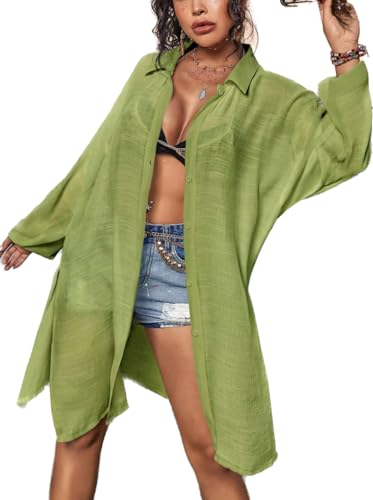 Damen Strandkleid Bikini Cover Up Plain Sheer Split Sommer Strandkleid Kimono Oversized Beach Cover Ups Button Front Shirt Langarm kurz Badeanzug Kleid von Aoracci