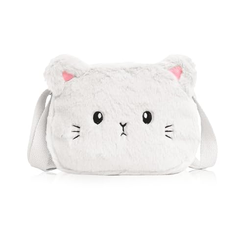 Aoreun Kinder Umhängetasche Mädchen, Verstellbare Umhängetasche Katze Plüsch Kindertasche Mädchen Handtasche, Kinder Umhängetasche Mädchen Handtasche, Kleine Schultertasche Geldbeutel - Weiß von Aoreun