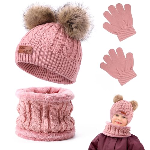 Aoreun Kinder Wintermütze Schal Handschuhe, 3 in 1 Mütze und Halstuch Baby Set, Baby Mütze Beanie Strickmütze, Warme Mädchen Winter Beanie Hut Schal Handschuhe Set für Kinder 2-6 Jahre von Aoreun