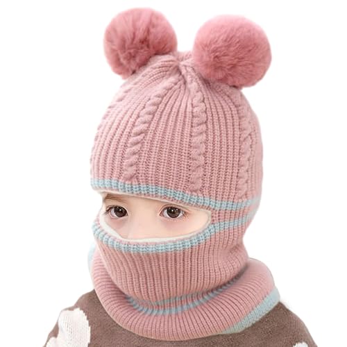 Aoreun Kleinkind Baby SchalMütze warm gefüttert, Pom Wintermütze für Mädchen und Jungen Babymütze Strickmütze mit Bommel Mädchen Jungen Warm Fellbommel Beanie Hüte für 2-7 Jahre - Rosa von Aoreun