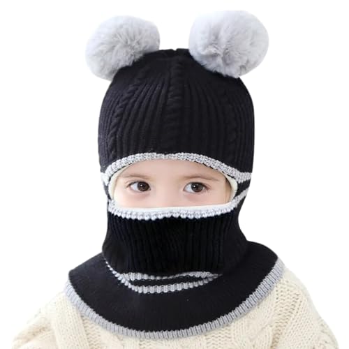 Aoreun Kleinkind Baby SchalMütze warm gefüttert, Pom Wintermütze für Mädchen und Jungen Babymütze Strickmütze mit Bommel Mädchen Jungen Warm Fellbommel Beanie Hüte für 2-7 Jahre - Schwarz von Aoreun