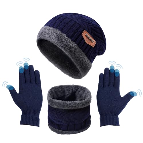Aoreun Mütze Schal Handschuhe 3 Stück Sets, Wintermütze Touchscreen Handschuhe Warme Schal 3 in 1 Winter Beanie Hut mit Fleecefutter Strickmütze Unisex Warme Geschenkset - Dunkelblau von Aoreun