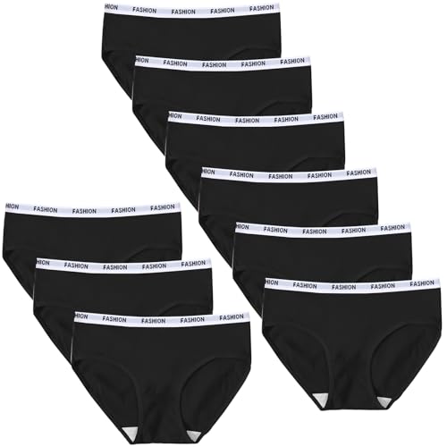 9er-Pack Mädchenhöschen Weicher Nahtloser Slip Mittelhoher Slip mit Niedrigem Bund Baumwollunterwäsche für Teenager,Schwarz,Geeignet für Kinder im Alter von 12-14 Jahren von Aorine