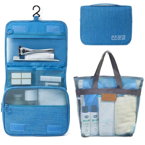 Tragbarer Aufhängbarer Reise-Kulturbeutel Geeignet für Männer und Frauen 1 Kulturbeutel + 1 Netzhandtasche,Blau von Aorine