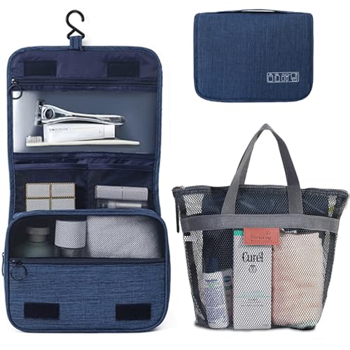 Tragbarer Aufhängbarer Reise-Kulturbeutel Geeignet für Männer und Frauen 1 Kulturbeutel + 1 Netzhandtasche,Dunkelblau von Aorine