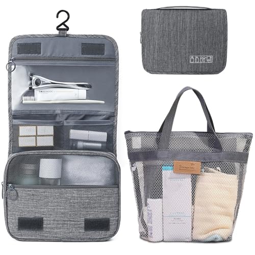 Tragbarer Aufhängbarer Reise-Kulturbeutel Geeignet für Männer und Frauen 1 Kulturbeutel + 1 Netzhandtasche,Grau von Aorine
