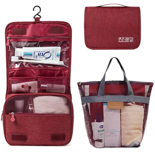 Tragbarer Aufhängbarer Reise-Kulturbeutel Geeignet für Männer und Frauen 1 Kulturbeutel + 1 Netzhandtasche,Tiefrot von Aorine
