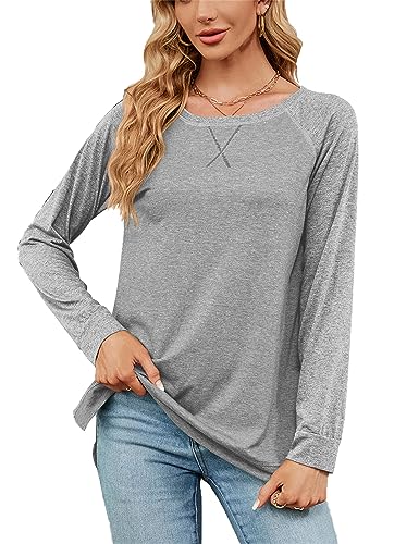 Damen Rundhals Langarm Tops Leichte Pullover Sweatshirts Herbst Winter Weich Solide Seite Split Tunika Tops für Arbeit Büro, hellgrau, 42 Damen Rundhals Langarm Tops Leichte Pullover Sweatshirts Herbst Winter Weich Solide Seite Split Tunika Tops für Arbeit Büro, hellgrau, 42 von Aoruilia