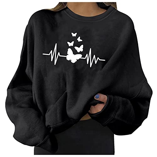 Aoseiens Hoodie Damen, Damen Sweatshirt Pullover Schmetterling Drucken Rundhals Pulli Herbst Winter Frauen Locker Casual Oberteil Tops Teenager Mädchen Sweatjacke Ohne Kapuze Bluse Tops von Aoseiens