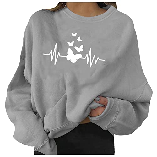 Aoseiens Hoodie Damen, Damen Sweatshirt Pullover Schmetterling Drucken Rundhals Pulli Herbst Winter Frauen Locker Casual Oberteil Tops Teenager Mädchen Sweatjacke Ohne Kapuze Bluse Tops von Aoseiens