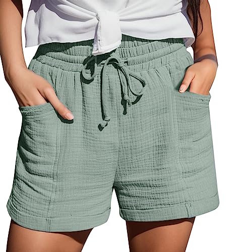 Damen Shorts Sommer Mode Lässige Musselin Hose mit Hoher Taille Gerades Bein Sport Lässige Lockere Musselin Shorts mit Kordelzug Kurze Hose mit Taschen Gummiband Freizeit Shorts Elastische Stoffhose von Aoseiens